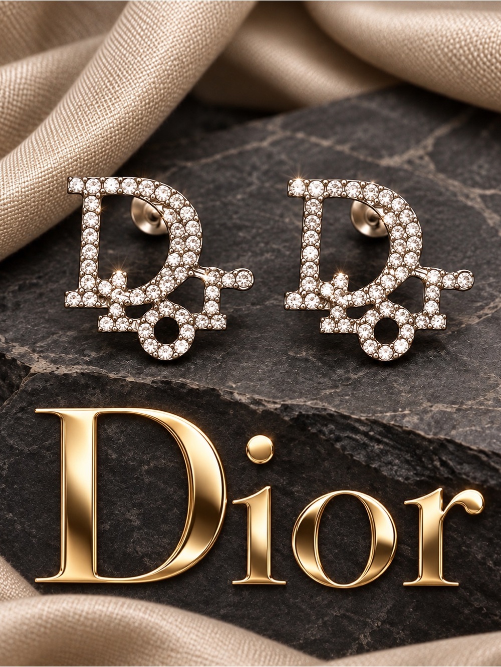 Dior Inspired Dior Logo Rhinestone Stud Earrings Silver Tone Crystal Pavé